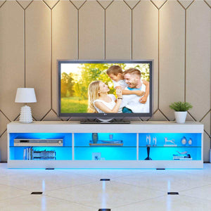 57'' Portable Detachable TV Stand Cabinet Console with LED Light Shelves for Living Room White Wood Black Table US Shipping