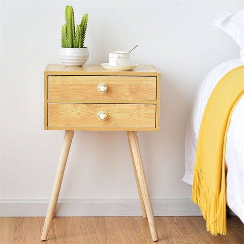 Mid Century Modern 2 Drawers Nightstand in Natural Bedroom Furniture HW59277