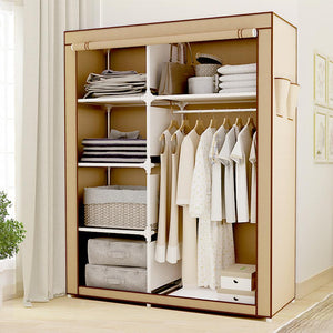Portable Clothes Storage Closet, Double Wardrobe Organizer with Rack Shelves