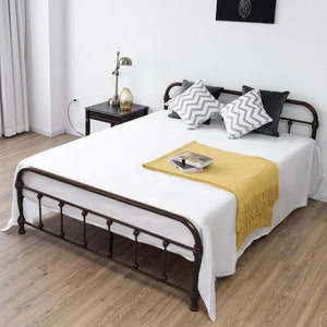 Giantex Queen Size Metal Steel Bed Frame with Stable Metal Slats Headboard Footboard Black Steel Bedroom Furniture HW57398
