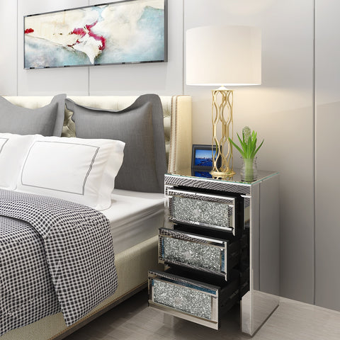 Panana Venetian Mirrored Glass Bedside Table with Drawers Glass Handles Mirror Bedroom Nightstand